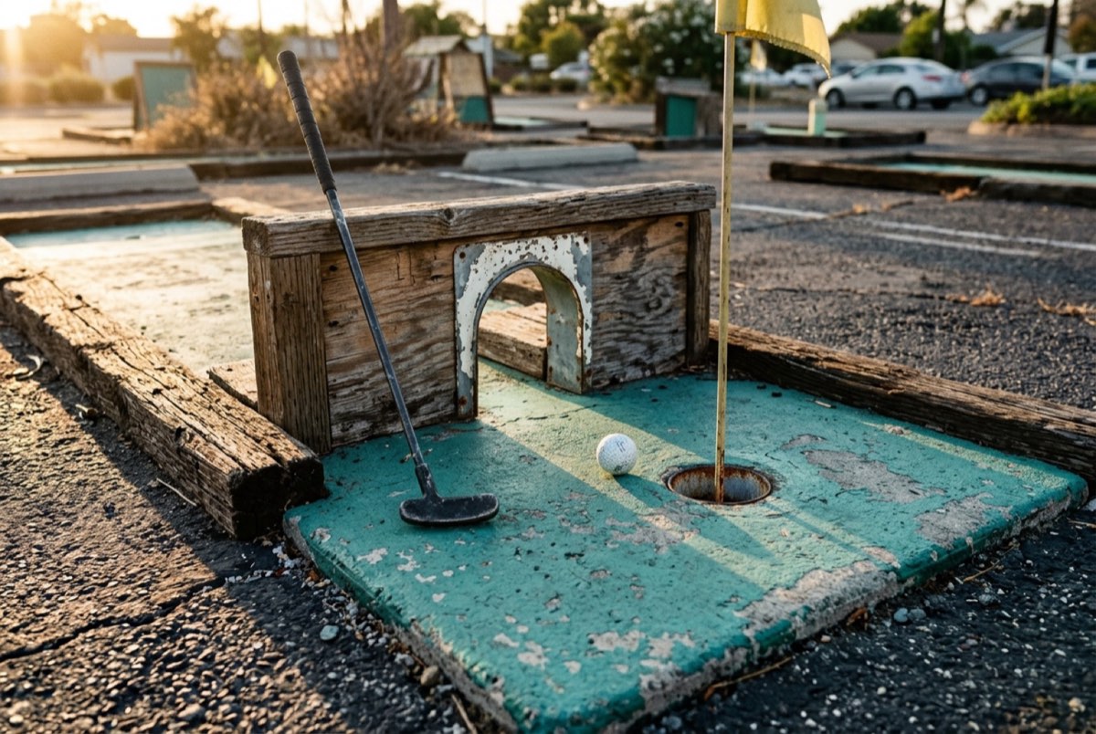 A worn putting hole with a hand-built wooden obstacle at Putter's Mini Golf in Walnut Creek