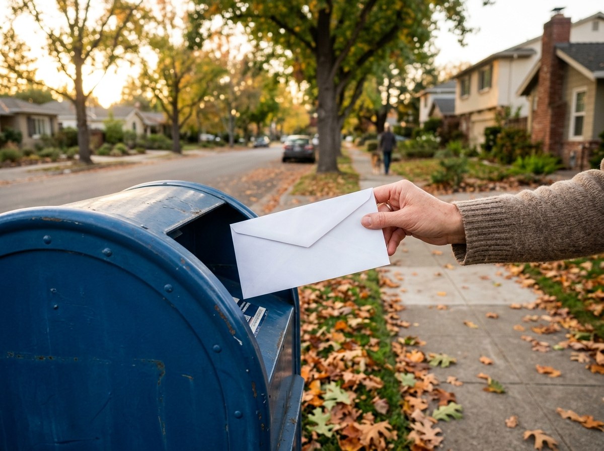 A hand dropping a sealed envelope into a blue mailbox on a tree-lined Walnut Creek street