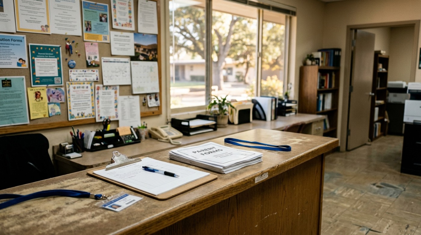 A clipboard with a volunteer form on the front office counter at a Walnut Creek elementary school